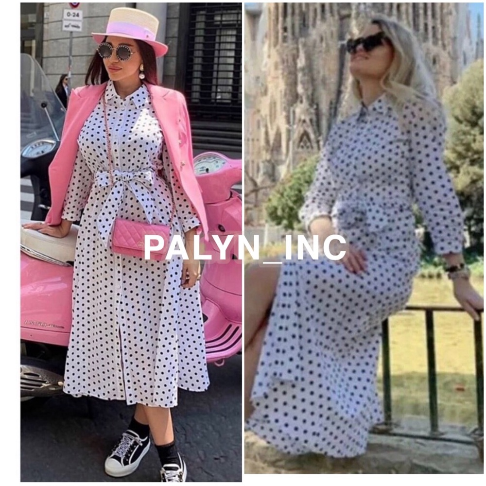 ZARA LONG POLKA DOT MIDI SHIRT DRESS